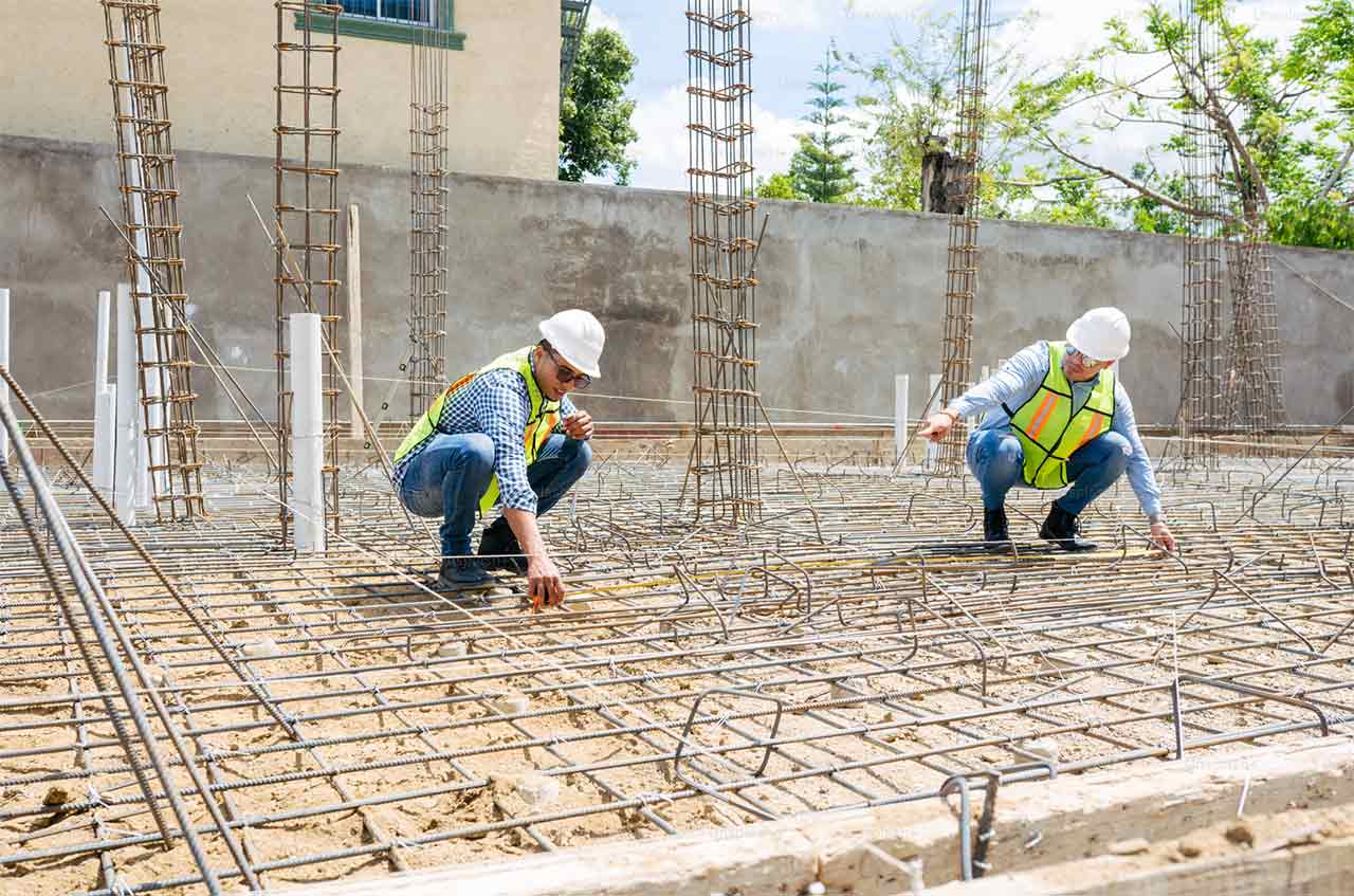 Two construction workers in hard hats and safety vests are actively engaged in building a concrete foundation